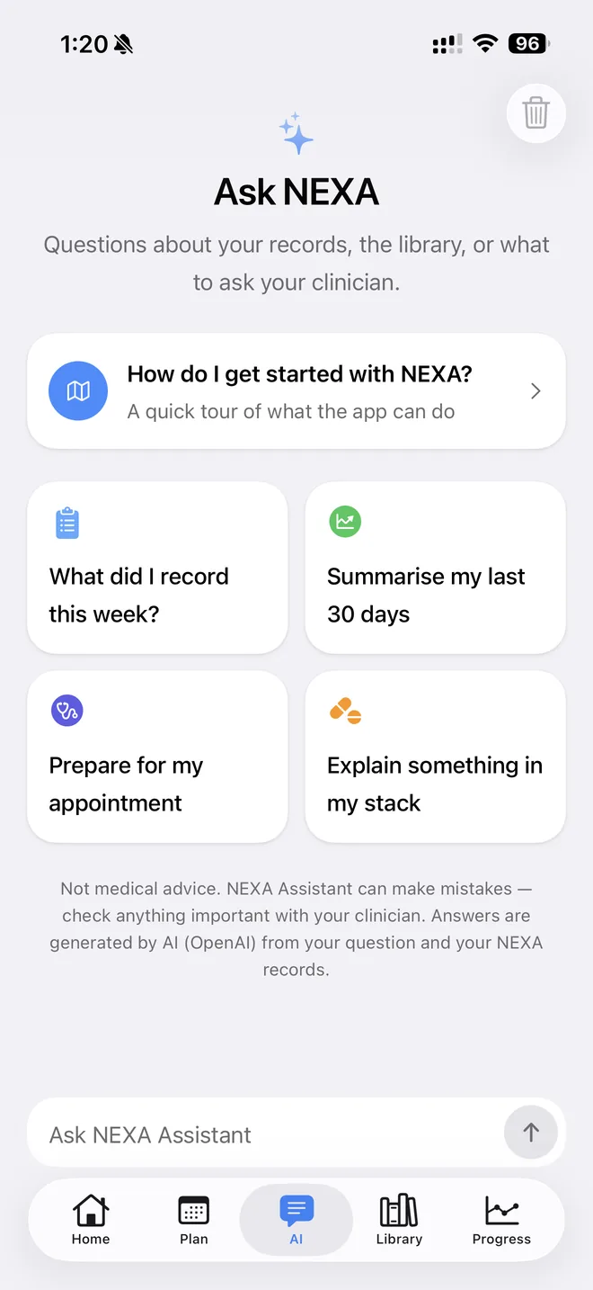 Ask NEXA: questions about your records, the library or what to ask your clinician, with suggestions like Summarise my last 30 days and Prepare for my appointment