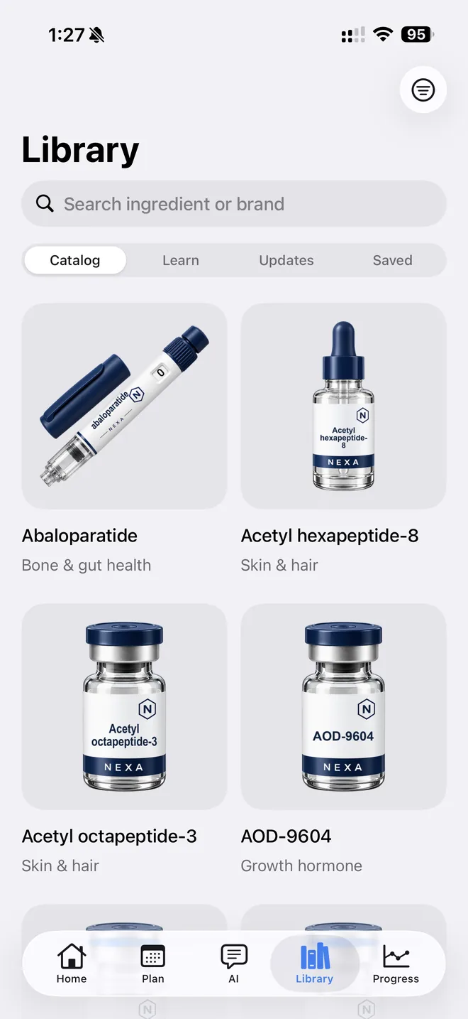 NEXA's Library: search ingredients and brands, with Catalog, Learn, Updates and Saved tabs and ingredient cards by category