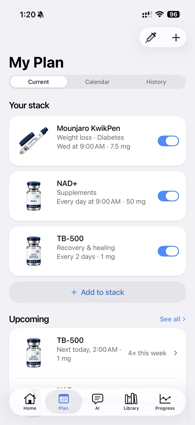 NEXA's My Plan tab: Current, Calendar and History views, your stack with each item's schedule and an on/off switch, and what's upcoming this week